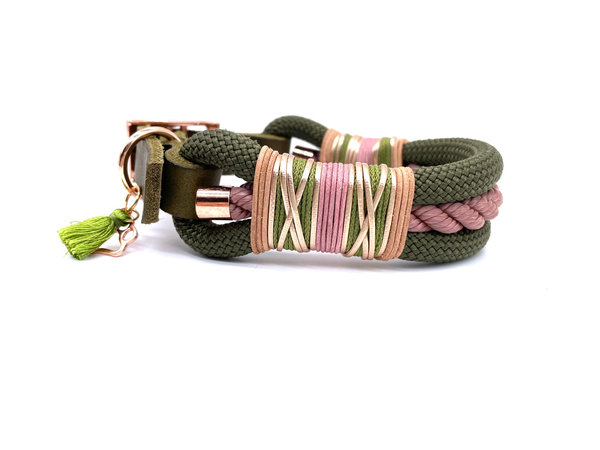 Verstellbares Hundehalsband mit Lederverschluss und Leine im Set oder Einzeln „Khaki Elegance“
