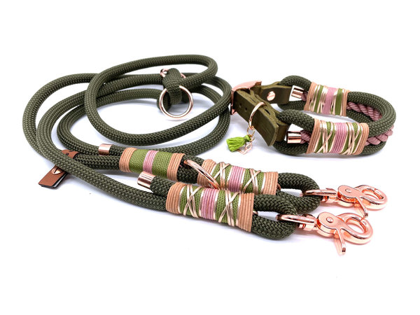 Verstellbares Hundehalsband mit Lederverschluss und Leine im Set oder Einzeln „Khaki Elegance“