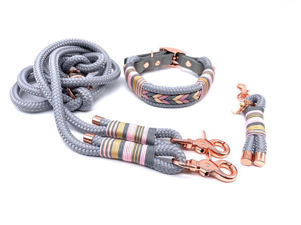 Verstellbares Hundehalsband mit Lederverschluss und Leine im Set oder Einzeln „Grey Beige“