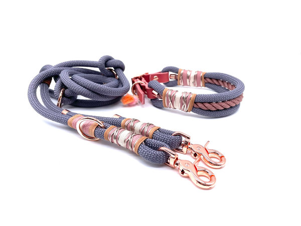 Verstellbares Hundehalsband mit Lederverschluss und Leine im Set oder Einzeln „Grey & Blush Elegance