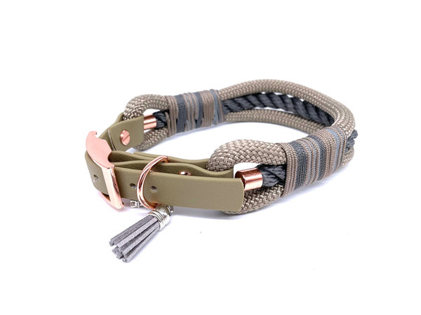 Verstellbares Hundehalsband mit Biothaneverschluss und Leine im Set oder Einzeln „Twisted Grey Tan“