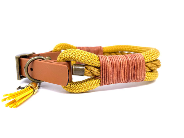 Verstellbares Hundehalsband mit Biothaneverschluss und Leine im Set oder Einzeln „Curry
