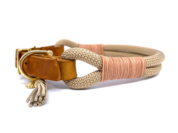 Verstellbares Hundehalsband mit Lederverschluss und Leine im Set oder Einzeln „Simply Beige“
