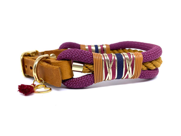 Verstellbares Hundehalsband mit Lederverschluss und Leine im Set oder Einzeln „Aubergine Elegance“