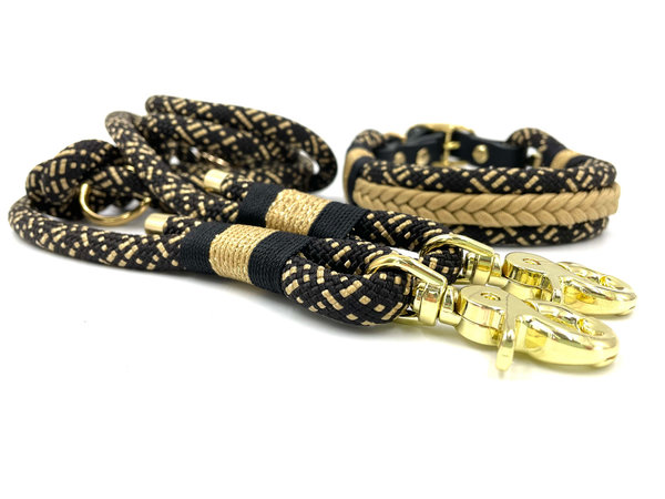 Verstellbares Hundehalsband mit Lederverschluss und Leine im Set oder Einzeln „Black Glitter“