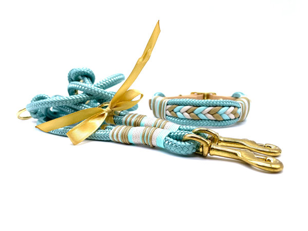 Verstellbares Hundehalsband mit Biothaneverschluss und Leine im Set oder Einzeln „Mint Gold“