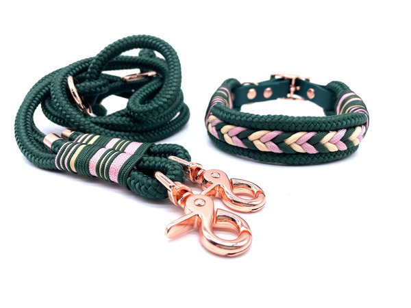 Verstellbares Hundehalsband mit Lederverschluss und Leine im Set oder Einzeln „Green Rose“