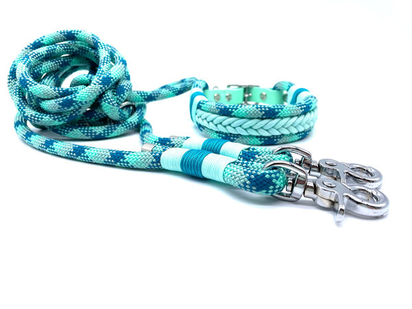 Verstellbares Hundehalsband mit Biothaneverschluss und Leine im Set oder Einzeln „Smaragd Mint“