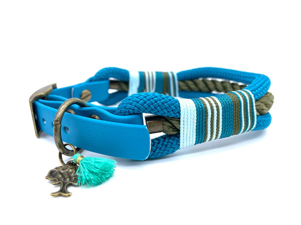 Verstellbares Hundehalsband mit Biothaneverschluss und Leine im Set oder Einzeln „Teal Khaki“
