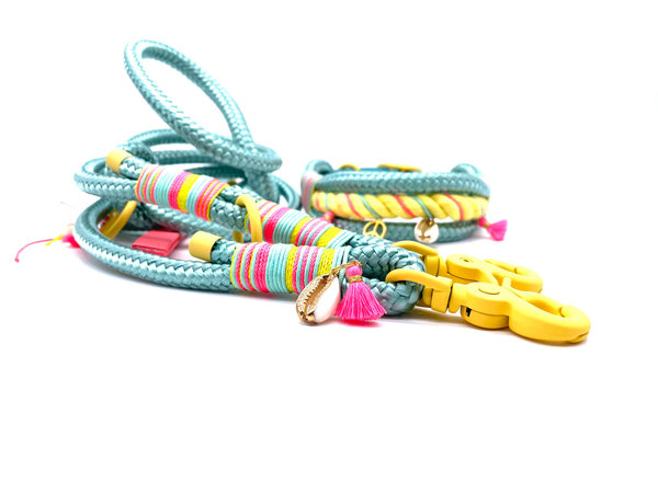 Verstellbares Hundehalsband mit Lederverschluss und Leine im Set oder Einzeln „Happiness“