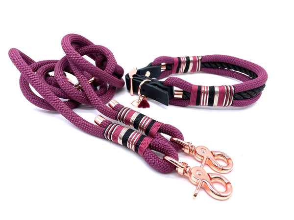 Verstellbares Hundehalsband mit Lederverschluss und Leine im Set oder Einzeln „Black Bordeaux“