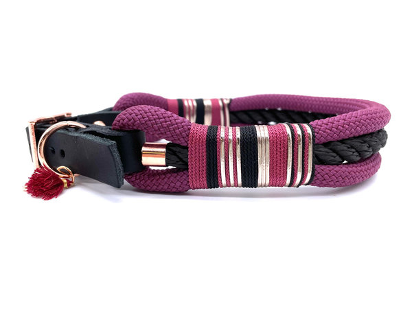 Verstellbares Hundehalsband mit Lederverschluss und Leine im Set oder Einzeln „Black Bordeaux“