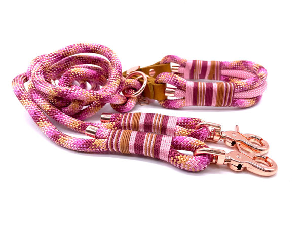Verstellbares Hundehalsband mit Lederverschluss und Leine im Set oder Einzeln „Paris Rosa“
