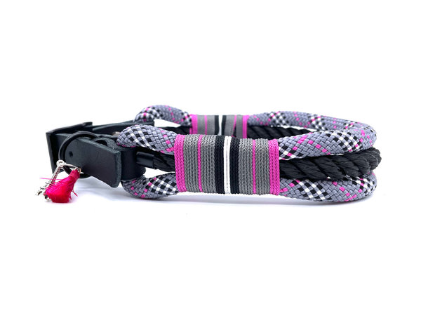 Verstellbares Hundehalsband mit Lederverschluss und Leine im Set oder Einzeln „Tartan Pink“