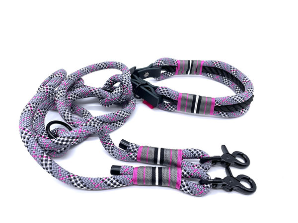 Verstellbares Hundehalsband mit Lederverschluss und Leine im Set oder Einzeln „Tartan Pink“